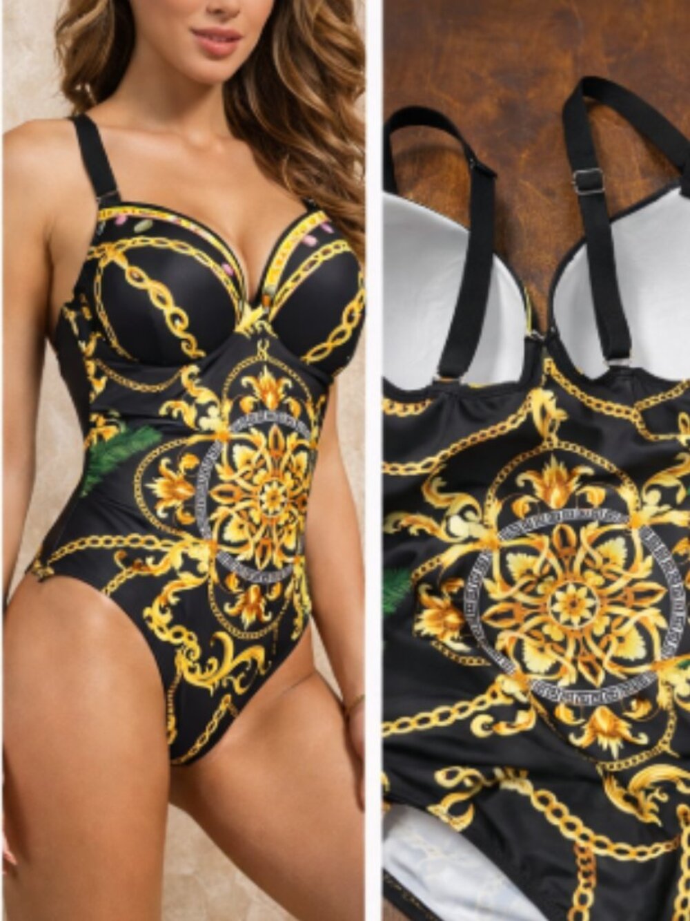 Women's Baroque Chain Print One Piece Swimsuit Push Up Size M Black Gold